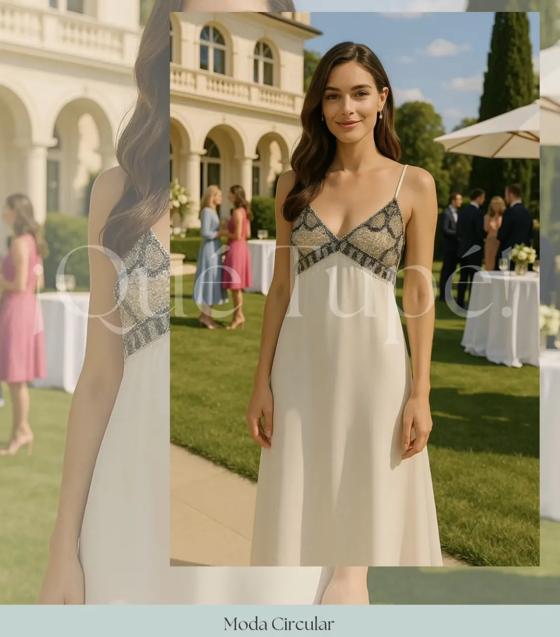 Vestido largo de fiesta, color blanco con detalles dorados y plateados en el corpiño. Ideal para eventos especiales.