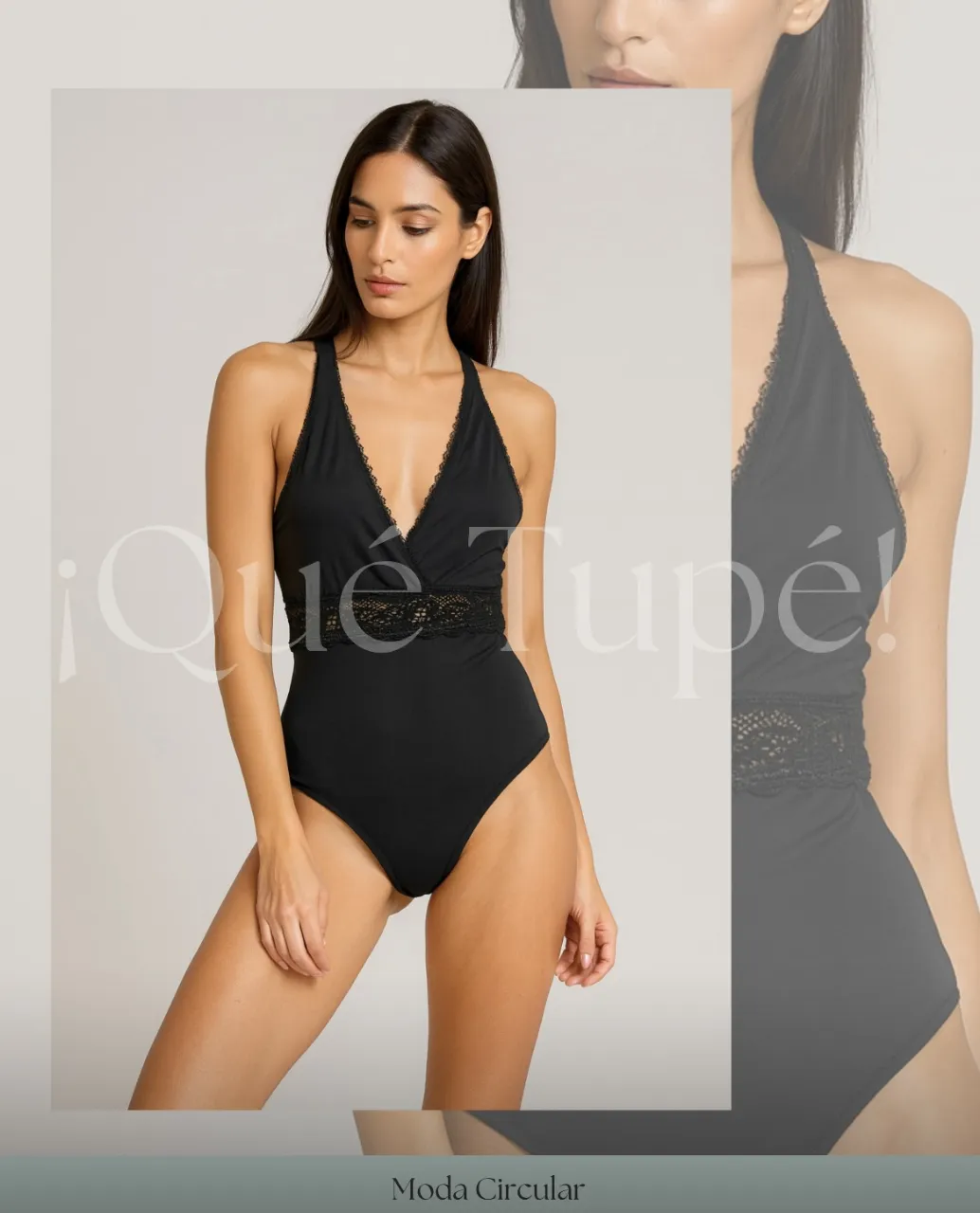 Body enterizo negro con detalles de encaje en la cintura y escote halter. Ideal para un look elegante y moderno.