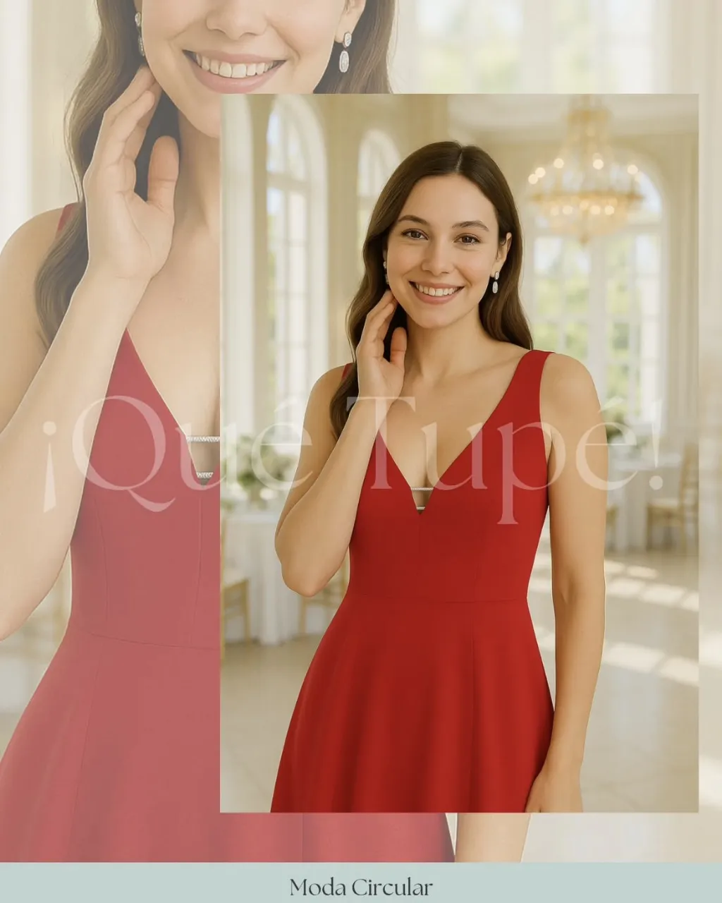 Vestido midi rojo con escote en V y detalle de hebilla en la espalda. Ideal para eventos formales o fiestas.