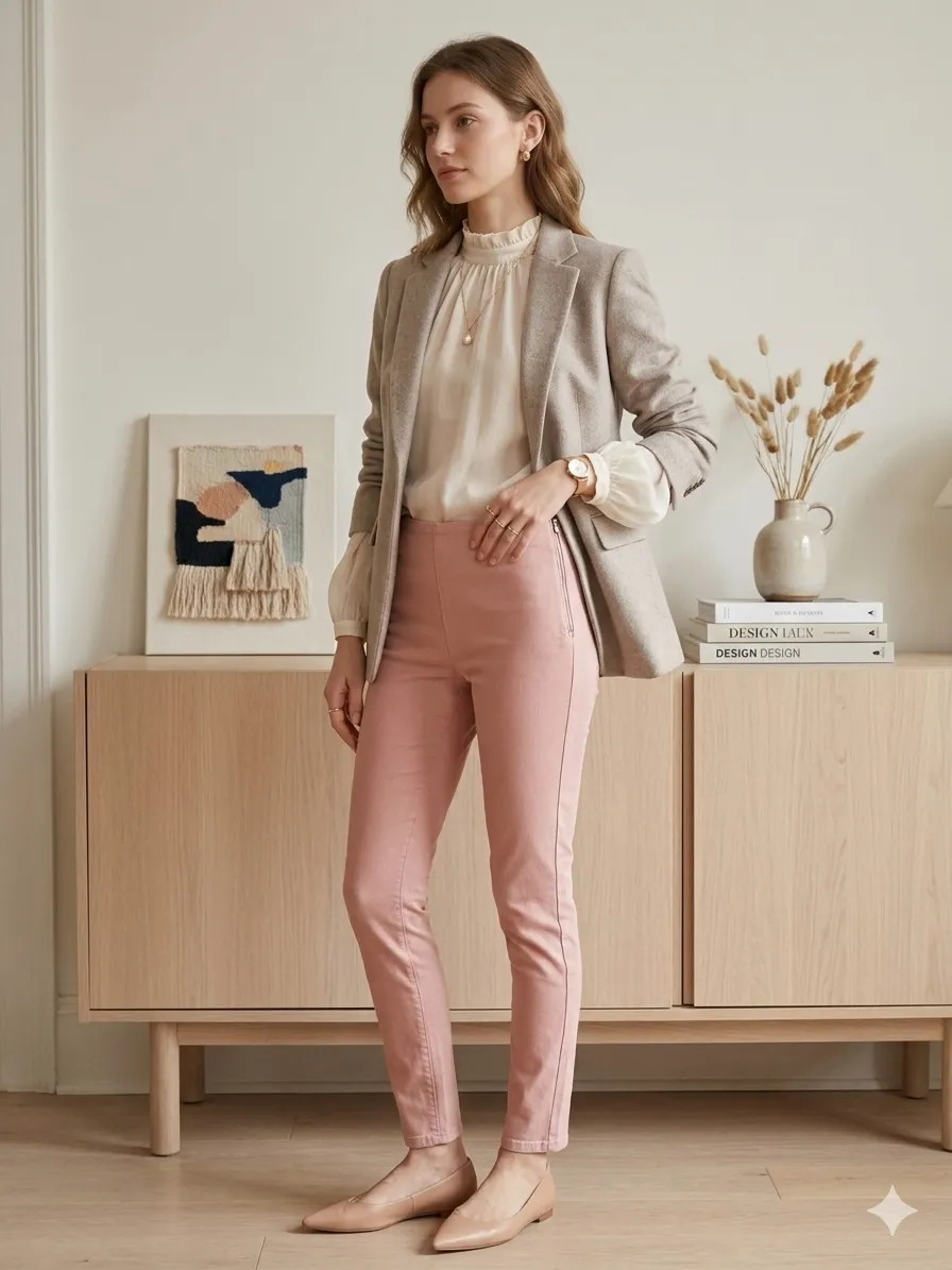 Pantalón Cuesta Blanca elastizado
Color rosa viejo, tiro alto, corte chupín, cierre lateral cremallera metálica reforzada con botón transparente interno. 
Talle 44 
Largo 92cm
Cintura 34cm estira 3cm más
Cadera 41cm estira 3cm más 
Tiro 26,5cm delantero
Tiro 33cm trasero

