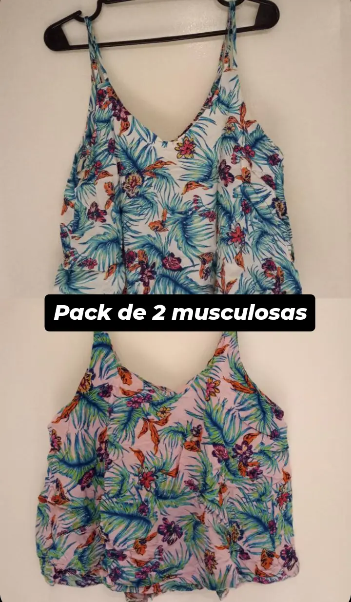 PACK x 2. Musculosas holgadas con estampado tropical, ideal para el verano. Diseño con tirantes dobles. Son Talle Único, quedan sueltitas (no al cuerpo). Mismo estampado, una con fondo blanco y la otra con fondo rosa claro