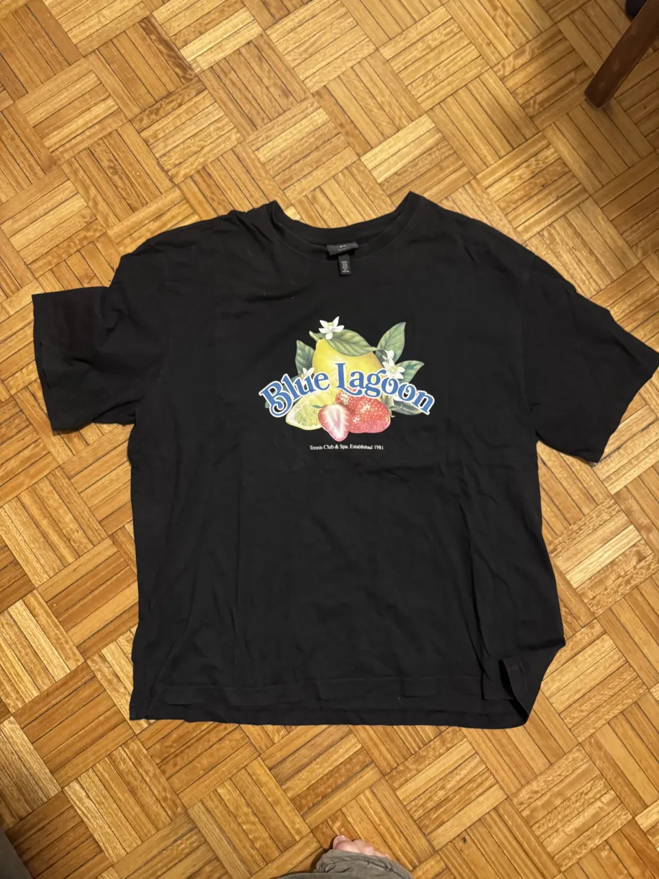 Remera negra con estampa "Blue Lagoon" de frutas (limones y frutillas) y flores. Estilo relajado, ideal para el día a día.