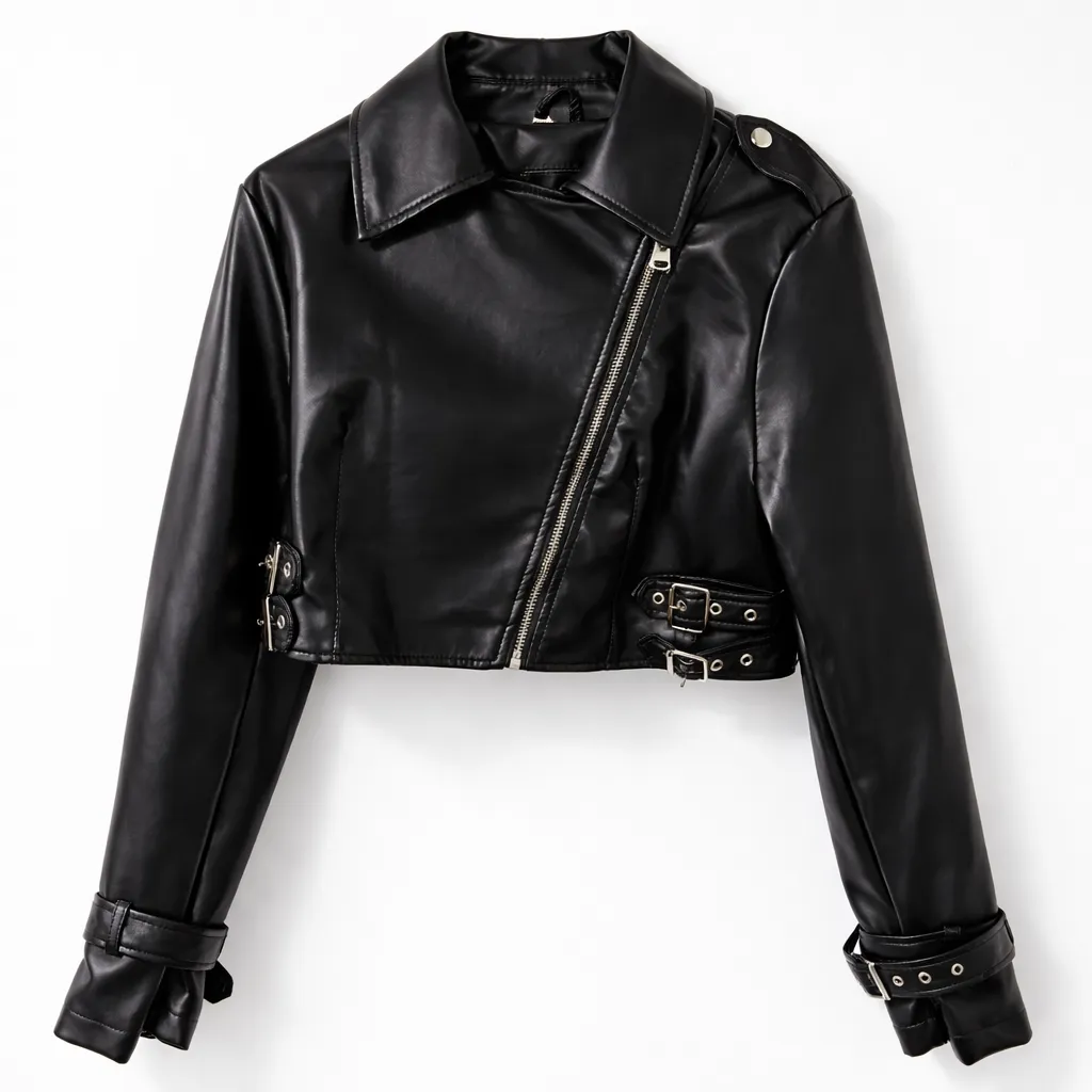 Campera de cuero negra corta con cierre asimétrico y hebillas en los laterales y puños.