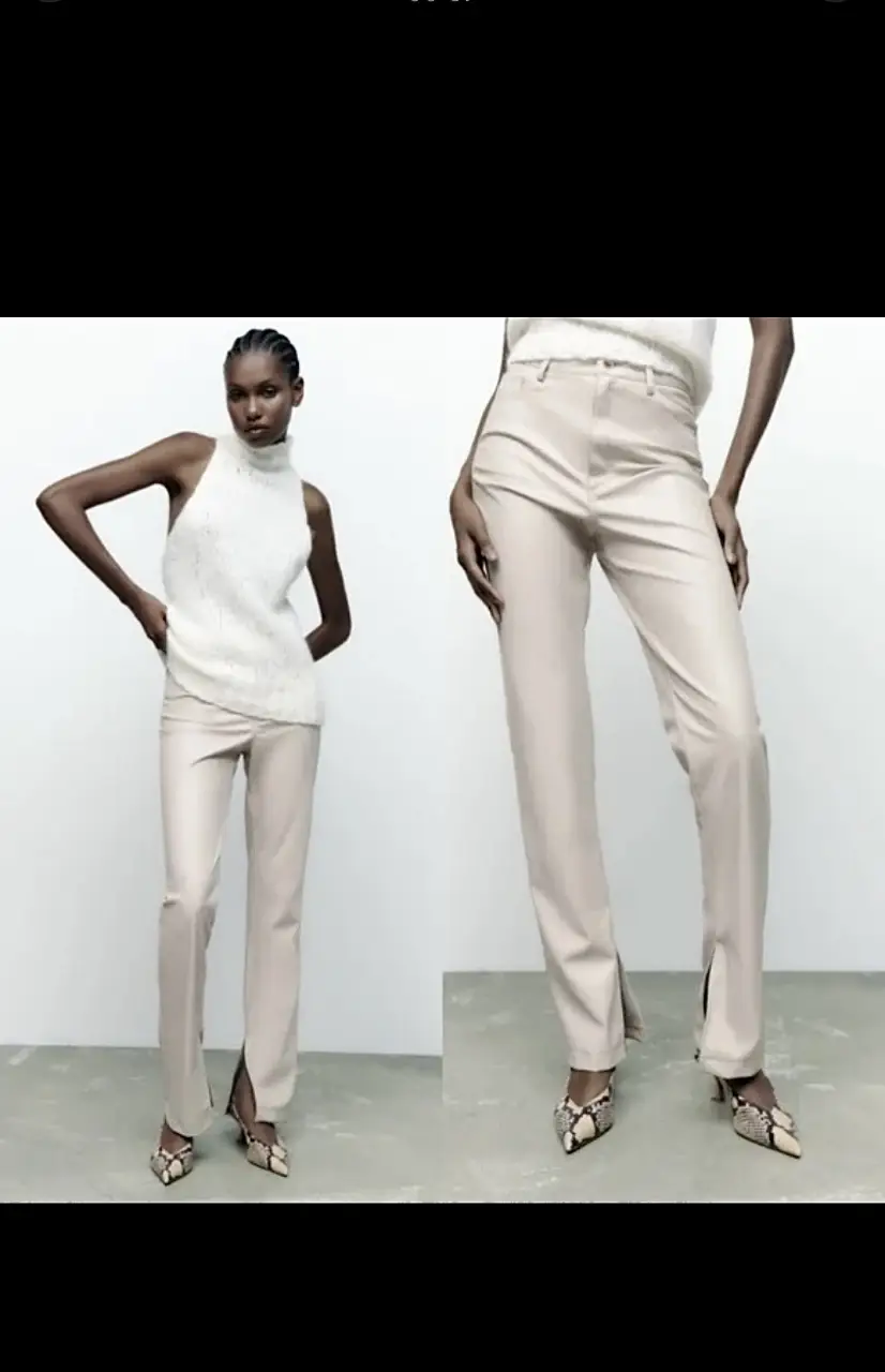 Pantalón efecto piel de mujer, color crudo Zara NUEVO! Se le salió la etiqueta, por eso tiene el hilo, jamás se usó. Talle 36 EUR, USA 04, MEX 26. Con tajos en los tobillos. Hermoso calce! Hay medidas al final. Adentro es gamuzado. Corte flare, súper favorecedor y tendencia. Rondan 100 mil🫣