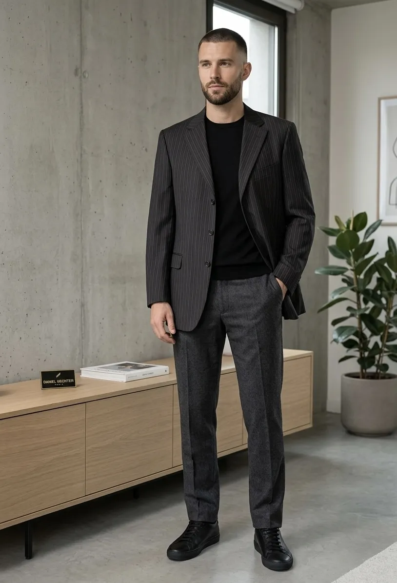 Saco de vestir de daniel hechter paris en gris plomo con rayas finas. un corte sastrero con botones, bolsillos internos, mini hombreras que estilizan la figura. talla l