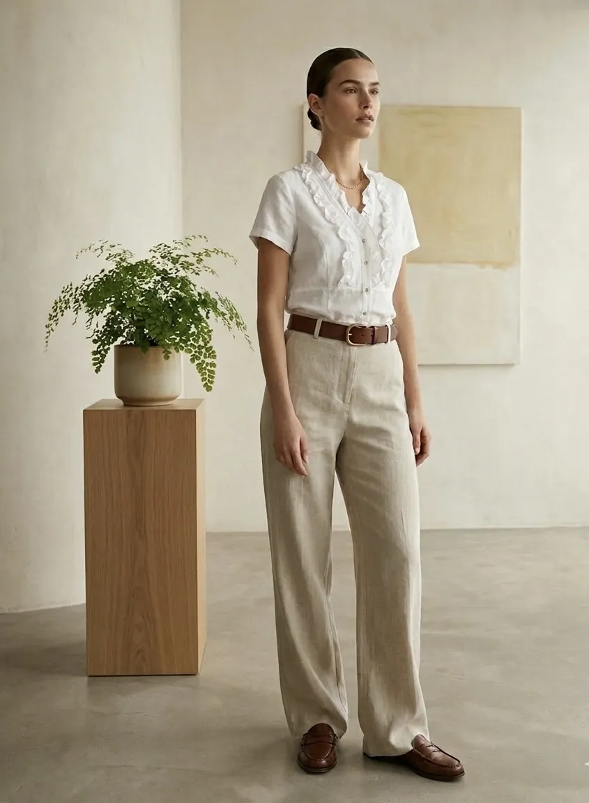 Blusa blanca de manga corta con volados en el cuello y frente. Posee botones en la parte delantera.