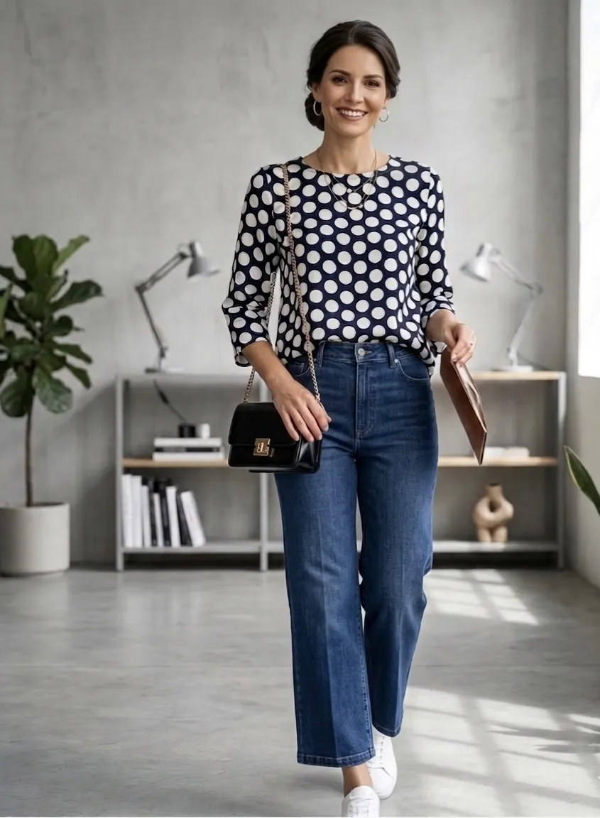 Remera de manga 3/4 con estampa de lunares blancos sobre fondo azul marino.