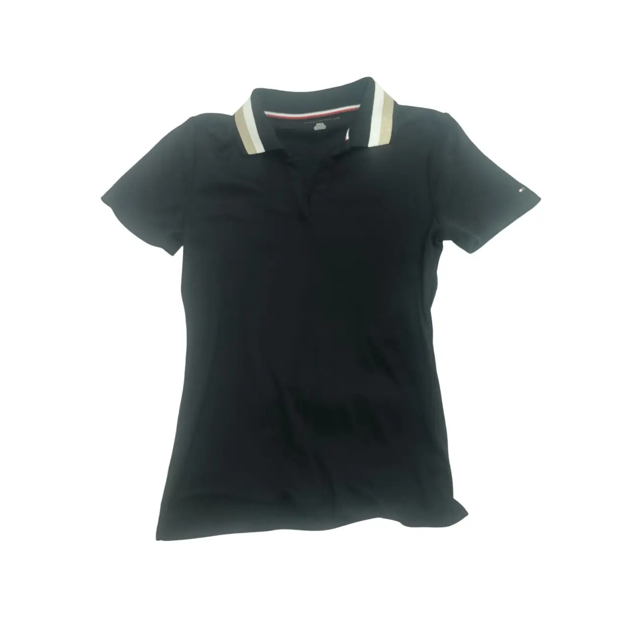 NUEVA!!! Talle S. Remera Tommy Hilfiger negra con cuello polo y detalles en blanco y dorado. Ideal para un look casual y cómodo.