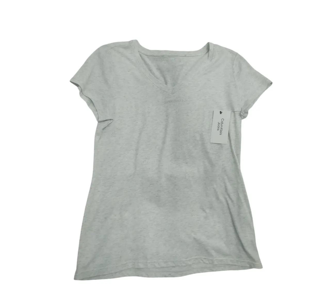NUEVA CON ETIQUETA!! Remera de mujer Calvin Klein, de manga corta y cuello en V. Confeccionada en un suave tejido gris jaspeado, ideal para un look casual y cómodo.