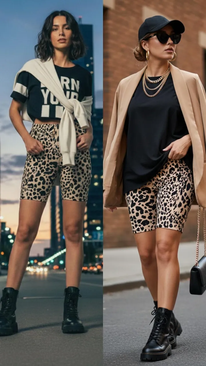 Shorts de ciclista con estampa animal print de leopardo. Ideales para un look canchero y moderno, combinan a la perfección con remeras básicas, buzos o blazers. Perfectos para el día a día o una salida informal.