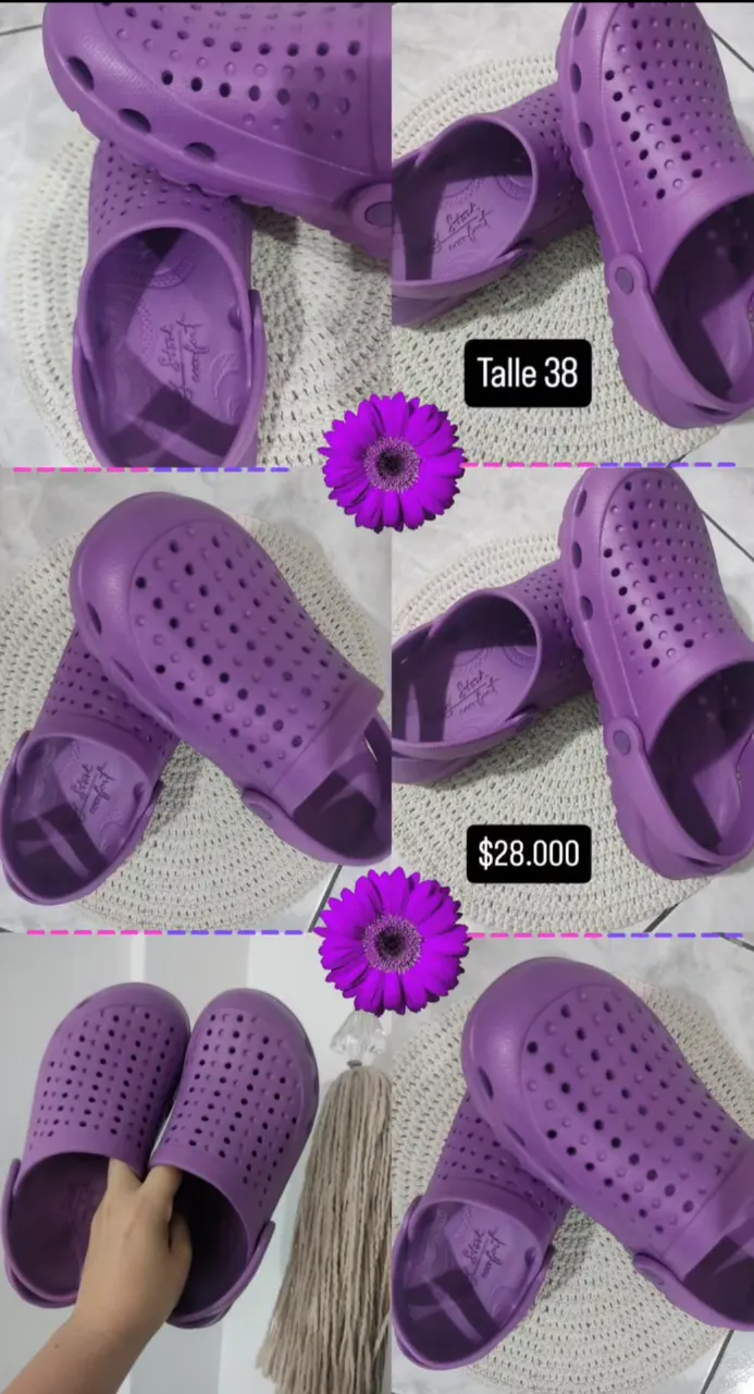 Zuecos de goma color violeta, ideales para el verano o para estar cómodo en casa. Su diseño es práctico y fácil de limpiar, perfecto para la playa, la pileta o actividades al aire libre. ¡Un básico indispensable para el día a día!