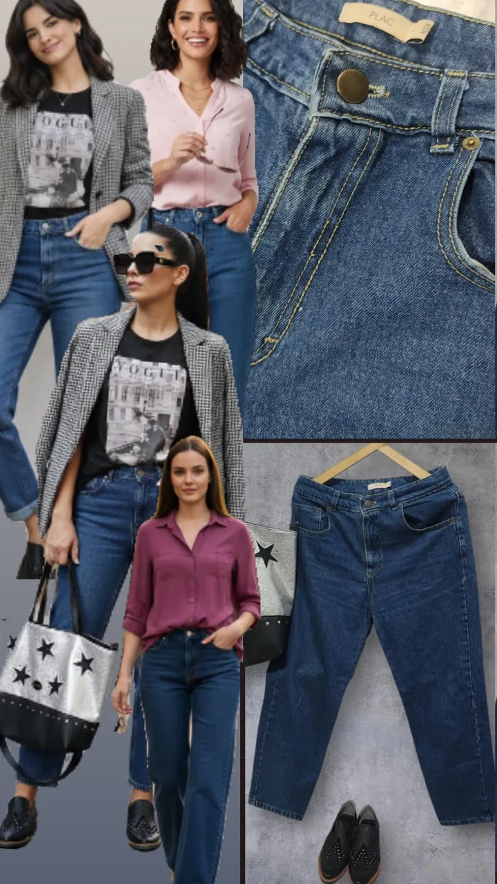 Jeans tiro alto, corte recto, color azul clásico. Talle 44. Perfectos para un look casual y moderno, combinan con todo.