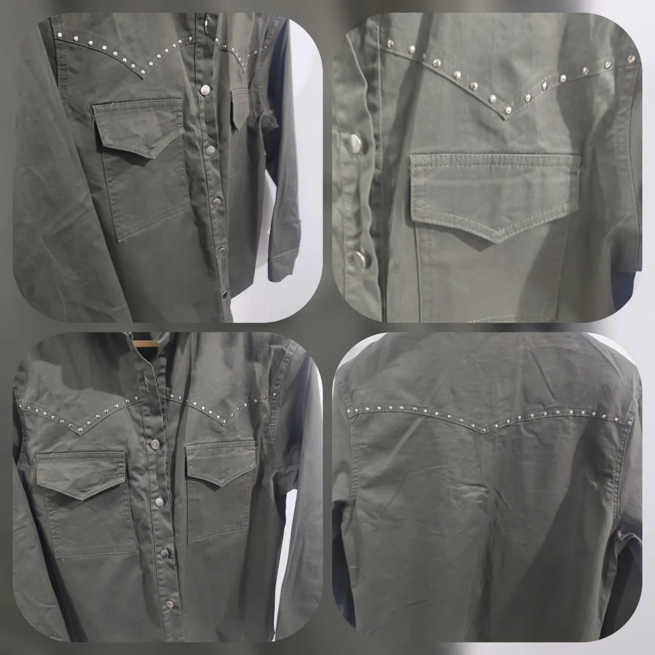 Camisa de jean color verde militar, con tachas plateadas en el cuello y en la espalda. Overzide. Tiene dos bolsillos en el frente y botones metálicos. Un modelo súper canchero y versátil, ideal para darle un toque rockero a tu look.