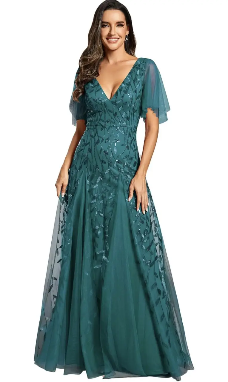 Ever-pretty Vestido Largo De Noche en color verde esmeralda, con escote en V y mangas cortas tipo mariposa. Detalles de lentejuelas en forma de hojas que adornan el corpiño y la falda. Ideal para eventos especiales y celebraciones. Importado de USA, NUEVO CON ETIQUETA. MEDIDAS EN CM. EN LAS FOTOS