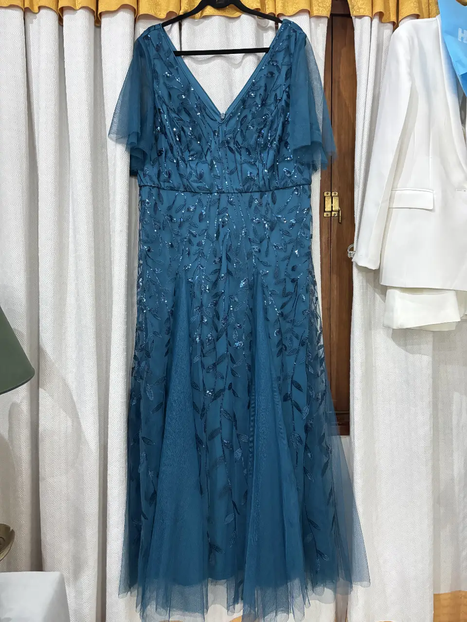 Vestido largo de fiesta Ever Pretty, color azul, con detalles de lentejuelas y mangas cortas. Talle XXL - MEDIDAS EN LAS FOTOS