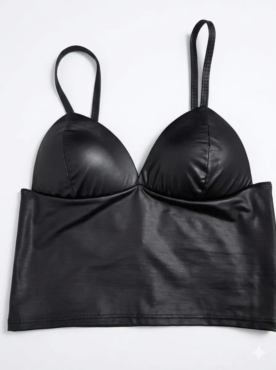 Top negro de cuero sintético con tiras finas y escote pronunciado. Diseño ajustado y moderno, ideal para looks audaces y cancheros.