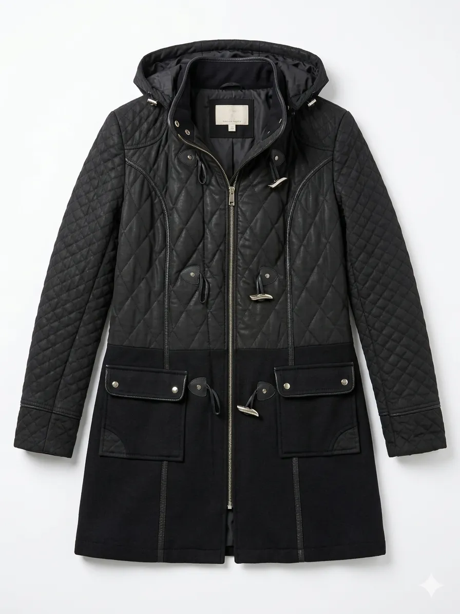 Campera negra acolchada con detalles de cuero y bolsillos frontales. Capucha con borde de pelo sintético.