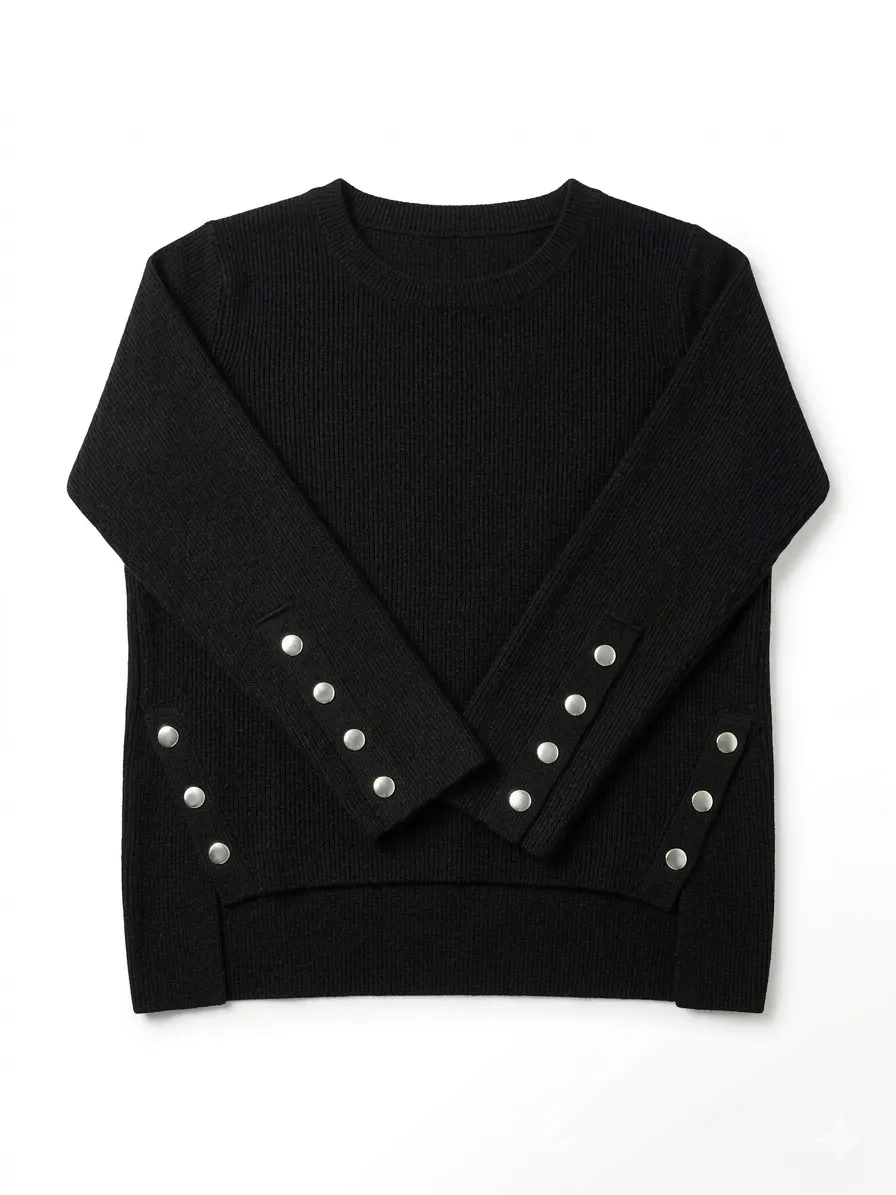 Sweater negro de tejido acanalado con botones plateados en los puños y a los costados inferiores.