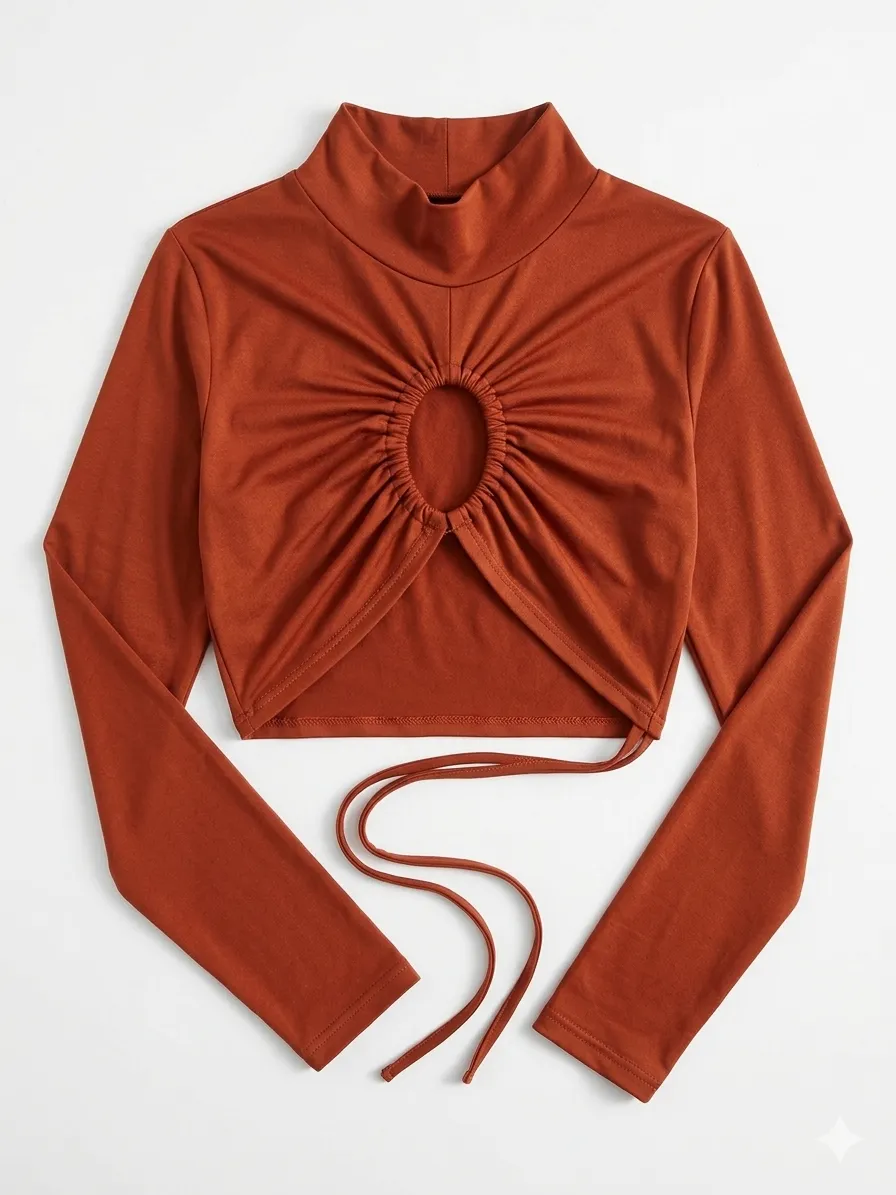 Remera manga larga color terracota con cuello alto y detalle de fruncido al frente con ojal y cordón para atar. Posee un corte crop.