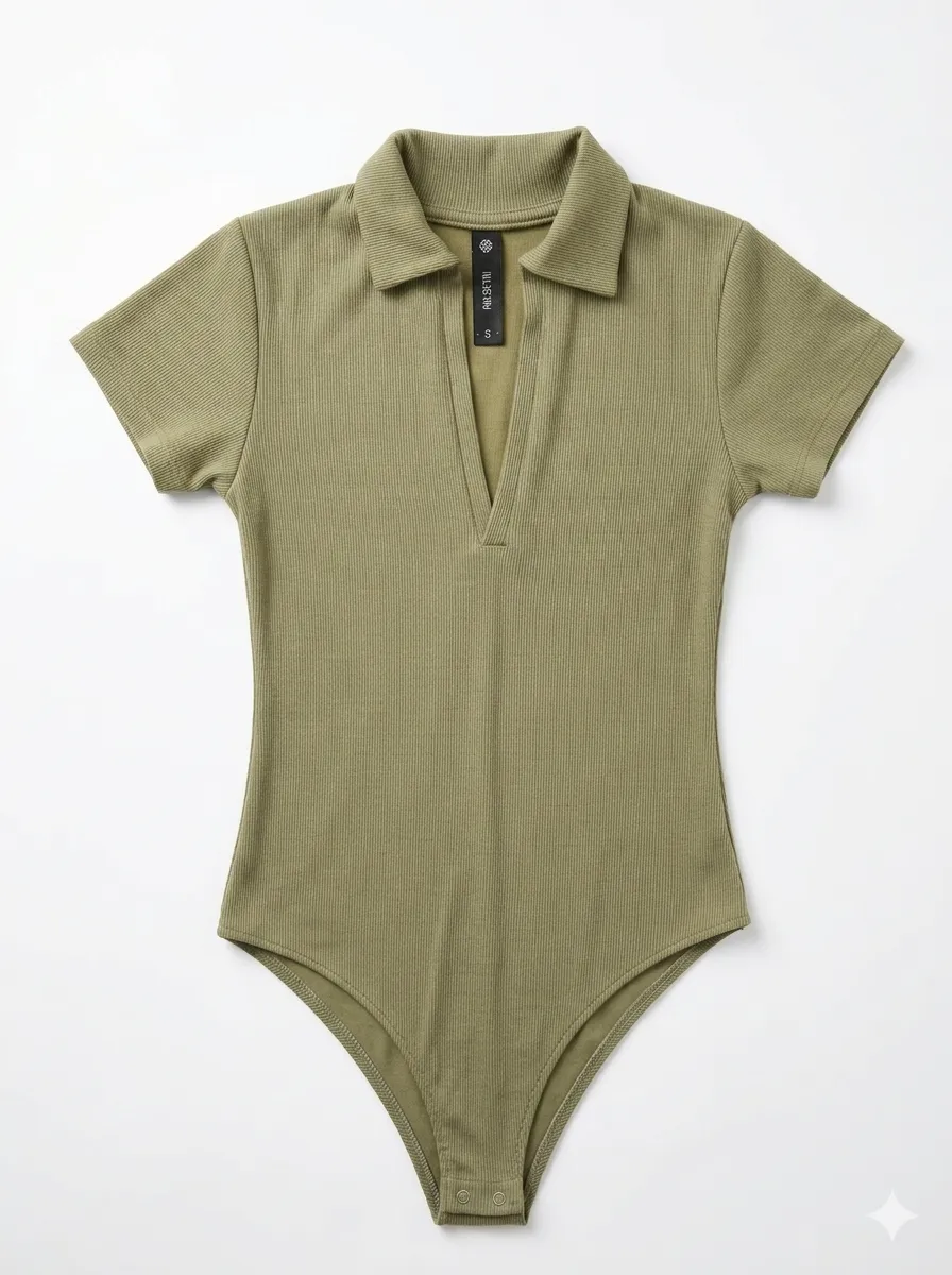 Body de manga corta con cuello polo y escote en V. Tejido acanalado, ideal para un look casual y moderno.
