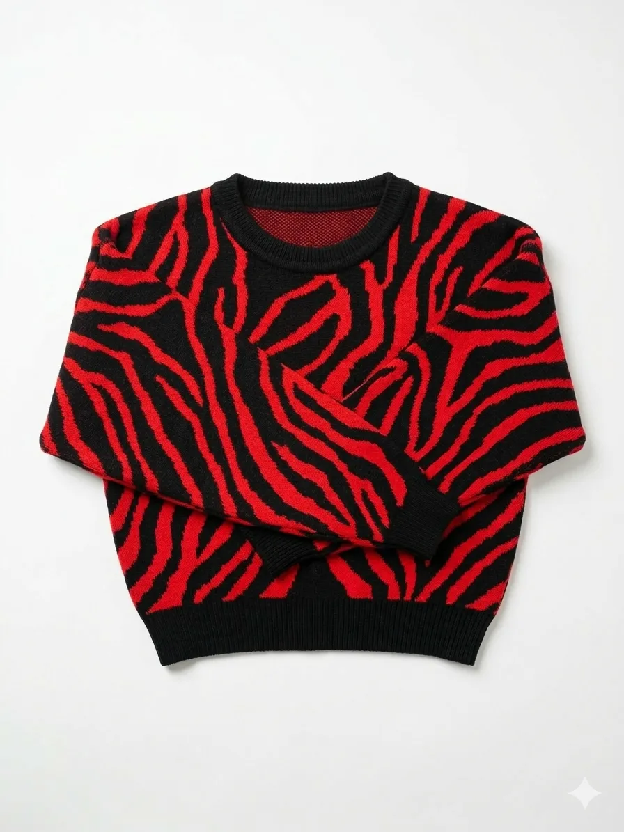 Sweater de tejido con estampa de cebra en rojo y negro.