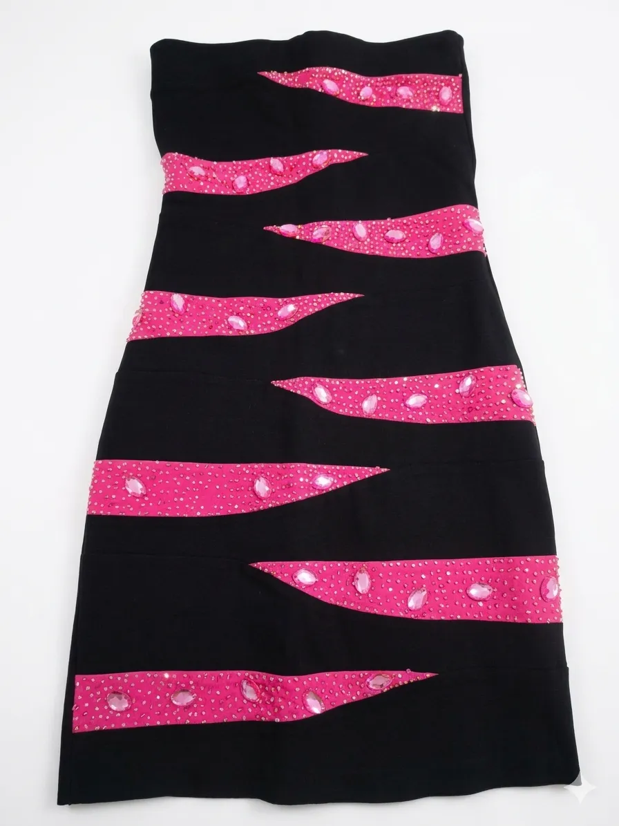 Vestido negro strapless con detalles de cintas fucsias con brillos y apliques de piedras. Cierre en la espalda.