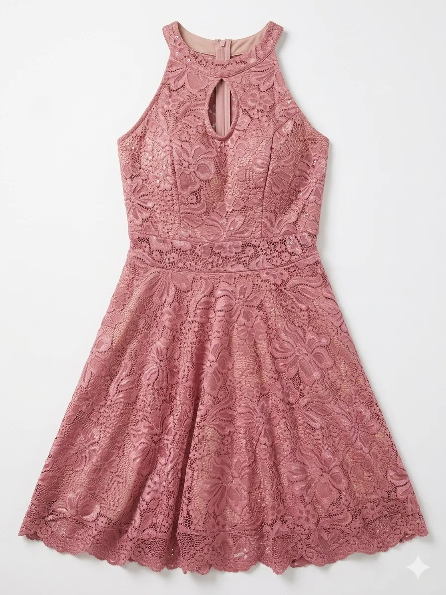 Vestido corto de encaje rosa con cuello halter y detalle de ojal en el escote. Posee cierre en la espalda.