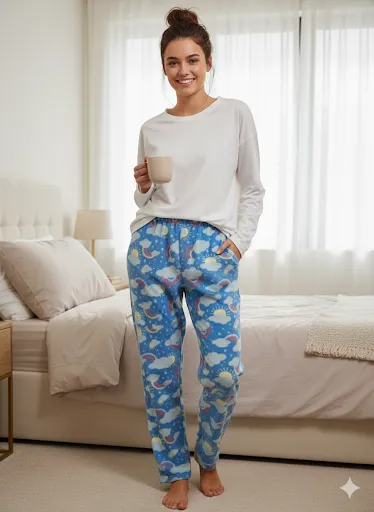 Pantalón de pijama súper cómodo y calentito, ideal para estar en casa. Tiene un estampado de nubes, arcoíris y soles en un fondo azul vibrante. Perfecto para relajarse y disfrutar de tus días de descanso.