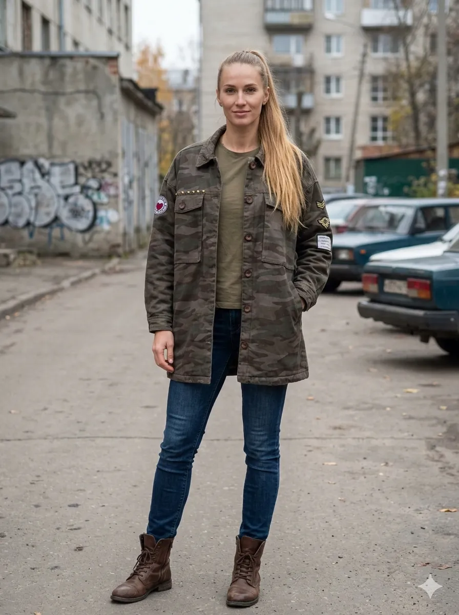 Campera estilo militar con estampa camuflada y detalles de parches. Posee bolsillos frontales y botones.