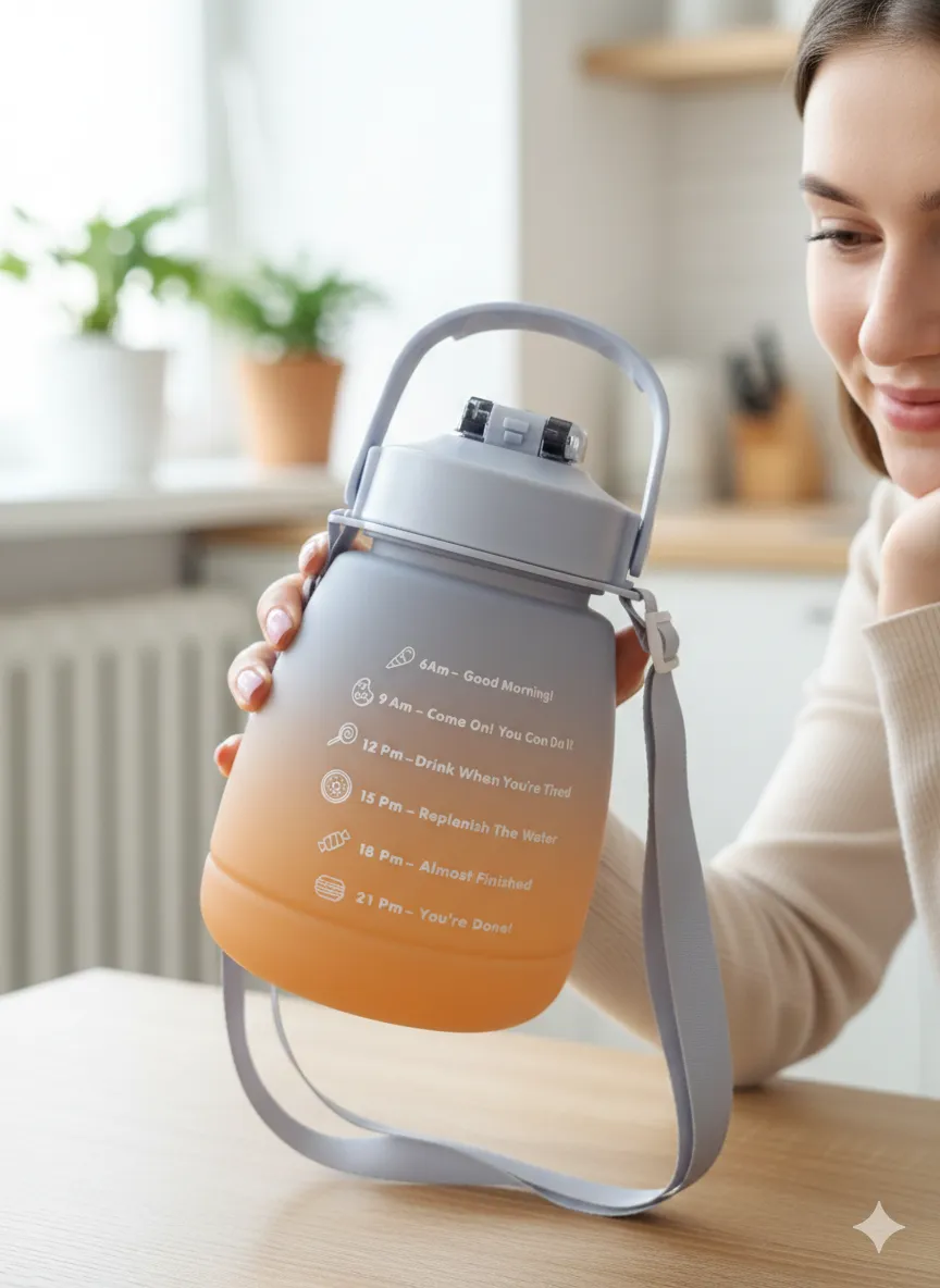 Botella de agua reutilizable con sorbete y correa para llevar. Ideal para mantenerte hidratado durante todo el día, con marcas horarias que te guían para beber agua. Perfecta para llevar al gimnasio, la oficina o para tus actividades al aire libre.