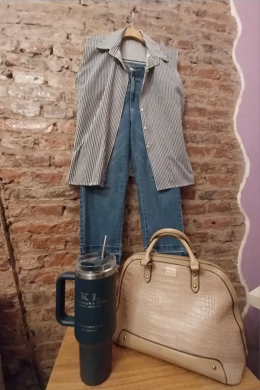 Conjunto de camisa a rayas sin mangas y pantalón de jean. La camisa es de corte recto y tiene botones al frente. El pantalón es de jean tiro alto, corte recto y con un leve desflecado en el ruedo. Ideal para un look casual y moderno.