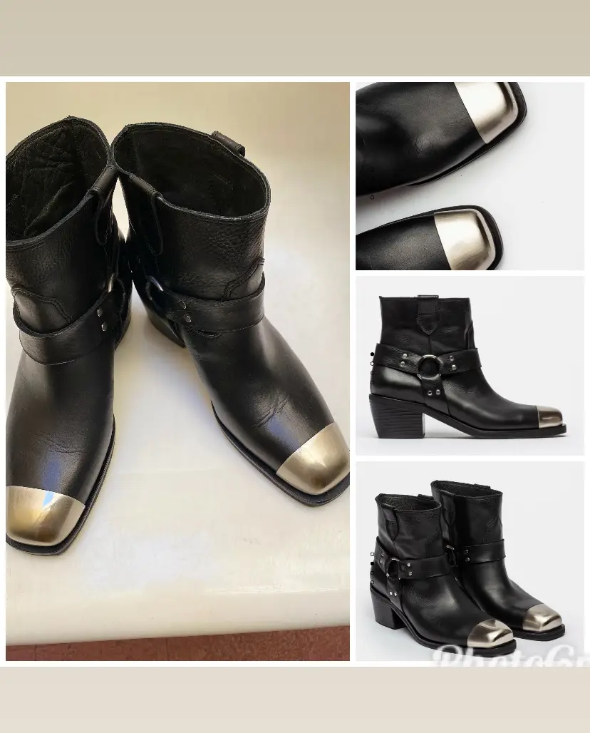 Botines de cuero negro con puntera plateada, estilo rocker. Ideales para un look urbano y con onda.