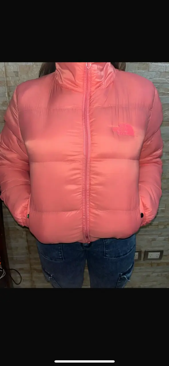 Campera puffer rosa de The North Face, ideal para el invierno. Con cierre frontal y logo bordado. Perfecta para un look casual y abrigado.