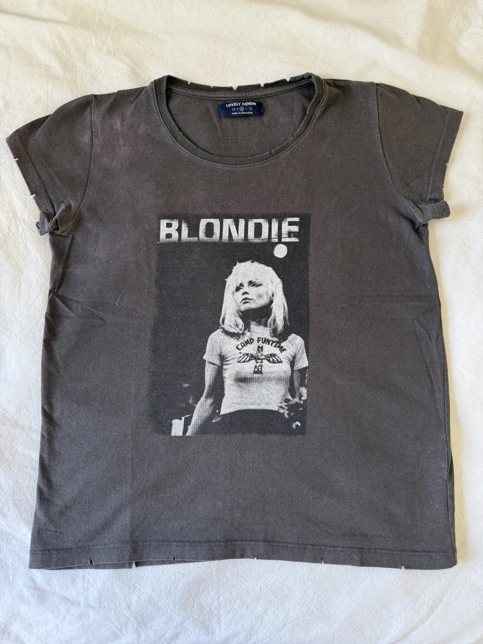 Remera gris oscura con estampa de Blondie en el frente. Tiene cuello redondo y mangas cortas. Presenta detalles de roturas en cuello, mangas y ruedo.