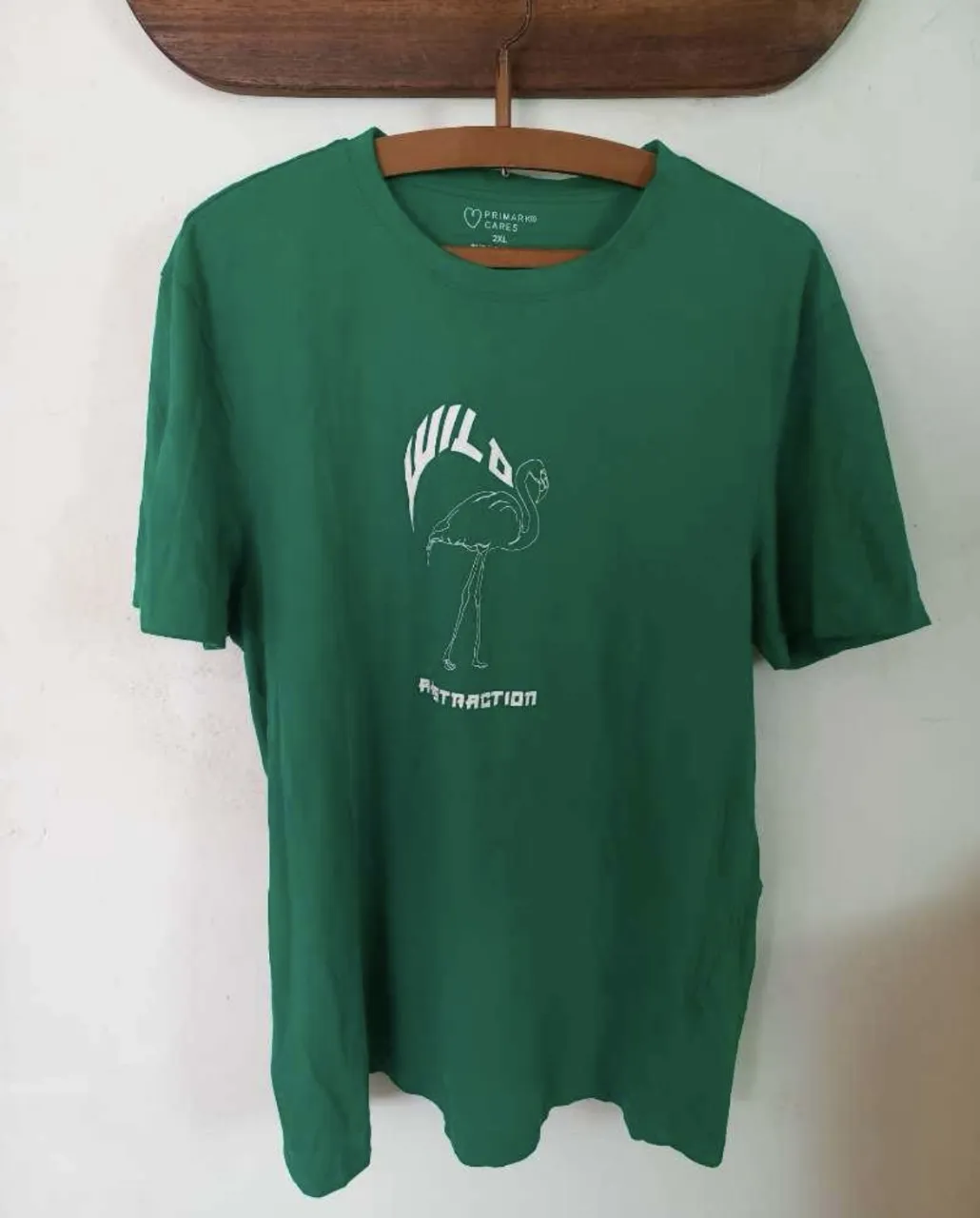 Remera verde con estampado de un flamenco y la palabra "WILD" en blanco. De manga corta y cuello redondo, ideal para un look casual y fresco.