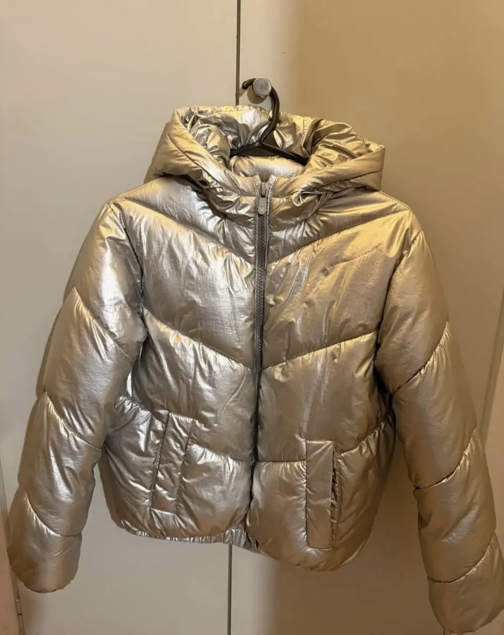 Campera puffer plateada con capucha. Ideal para el invierno, abrigada y con un diseño moderno. 
