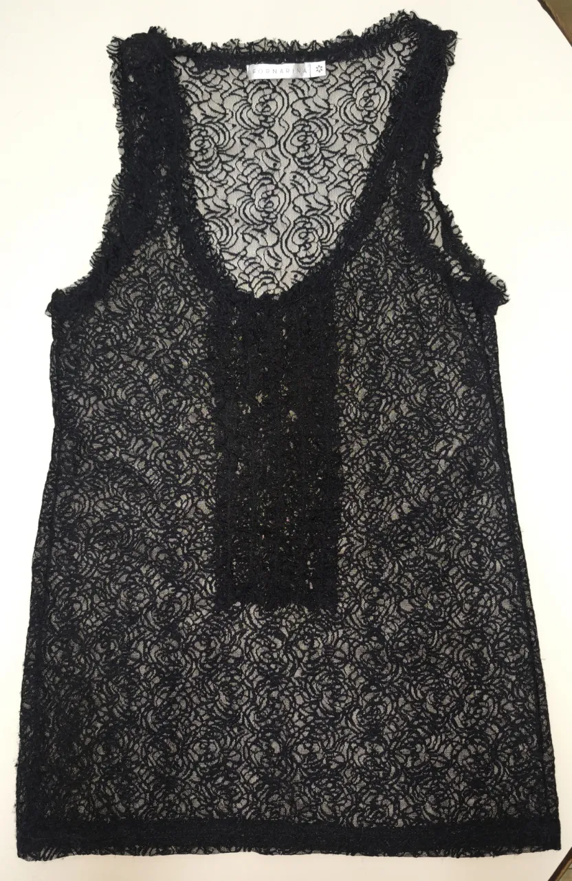 Musculosa de encaje negro con detalles de volados en cuello, escote y mangas. Diseño floral intrincado y escote en V. Ideal para un look elegante y sofisticado.
talle S, un solo uso. 