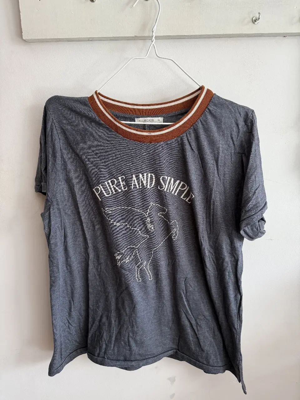Remera gris con estampado "Pure and Simple" y diseño de un pegaso. Cuello y borde de las mangas en marrón y blanco. Ideal para un look casual y cómodo.