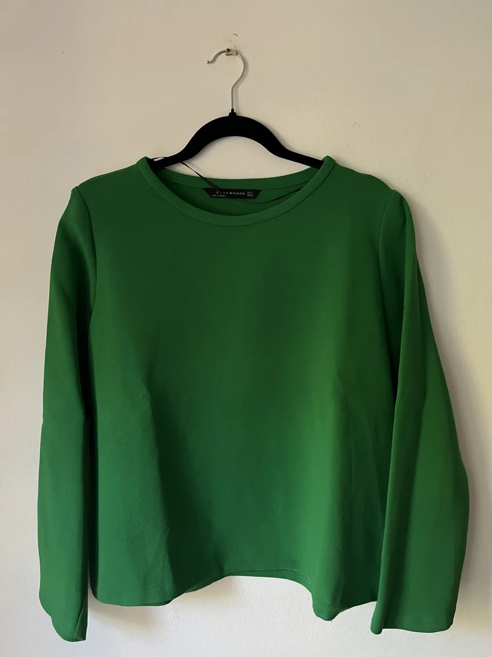 Remera verde de manga larga con cuello redondo.