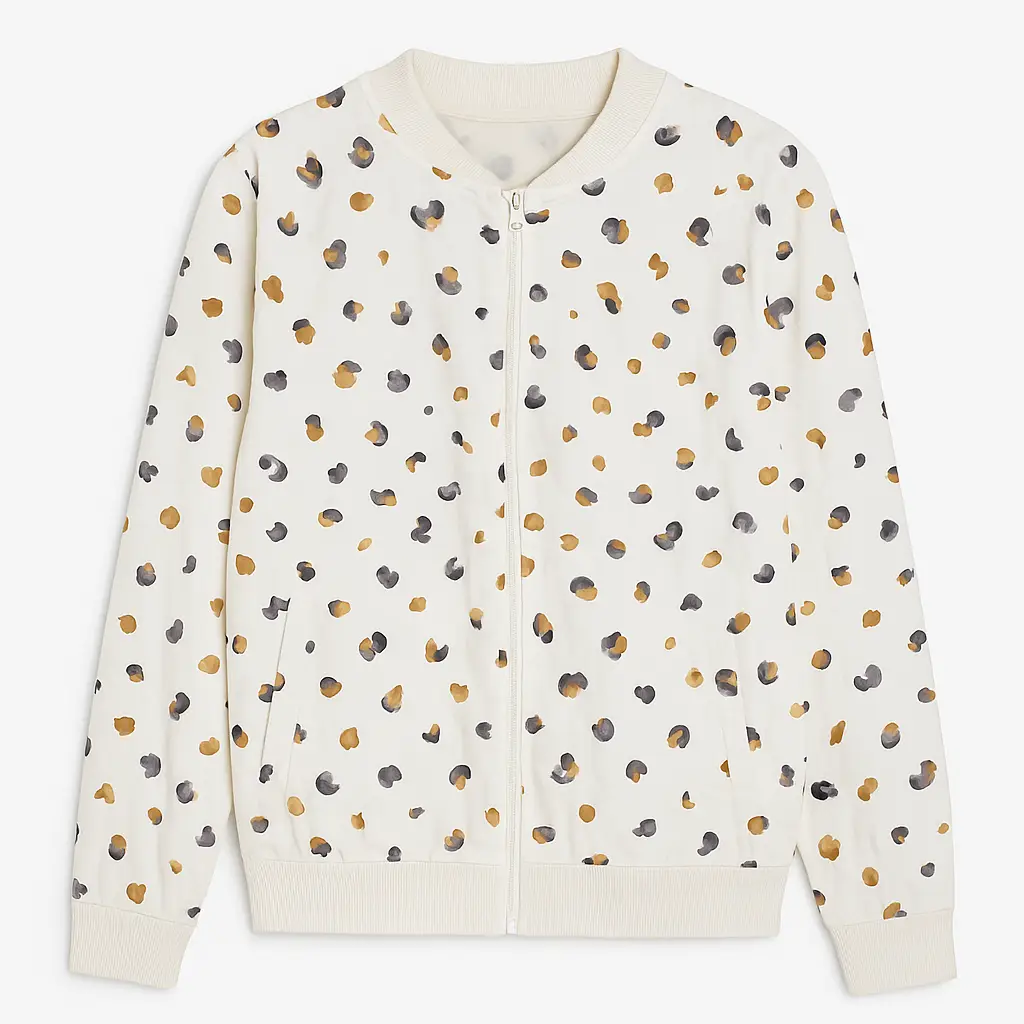 Campera bomber con estampado de manchas en tonos dorados y grises sobre fondo blanco. Ideal para un look casual y moderno.