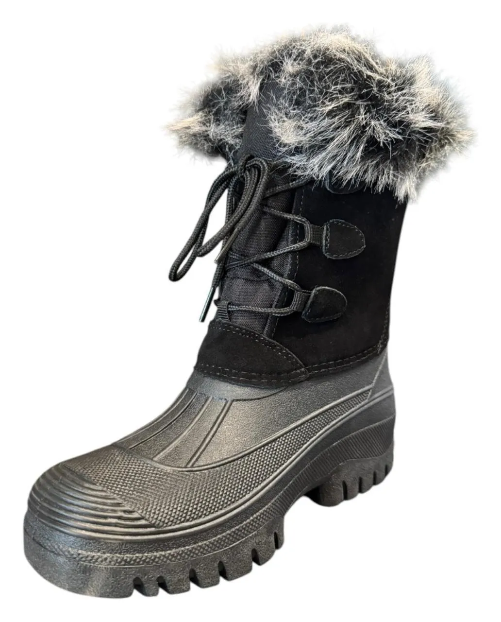 Botas de nieve para mujer, caña alta, con detalle de piel sintética en el borde superior. Diseño abrigado y resistente al agua, ideal para el invierno. Suela gruesa y antideslizante.