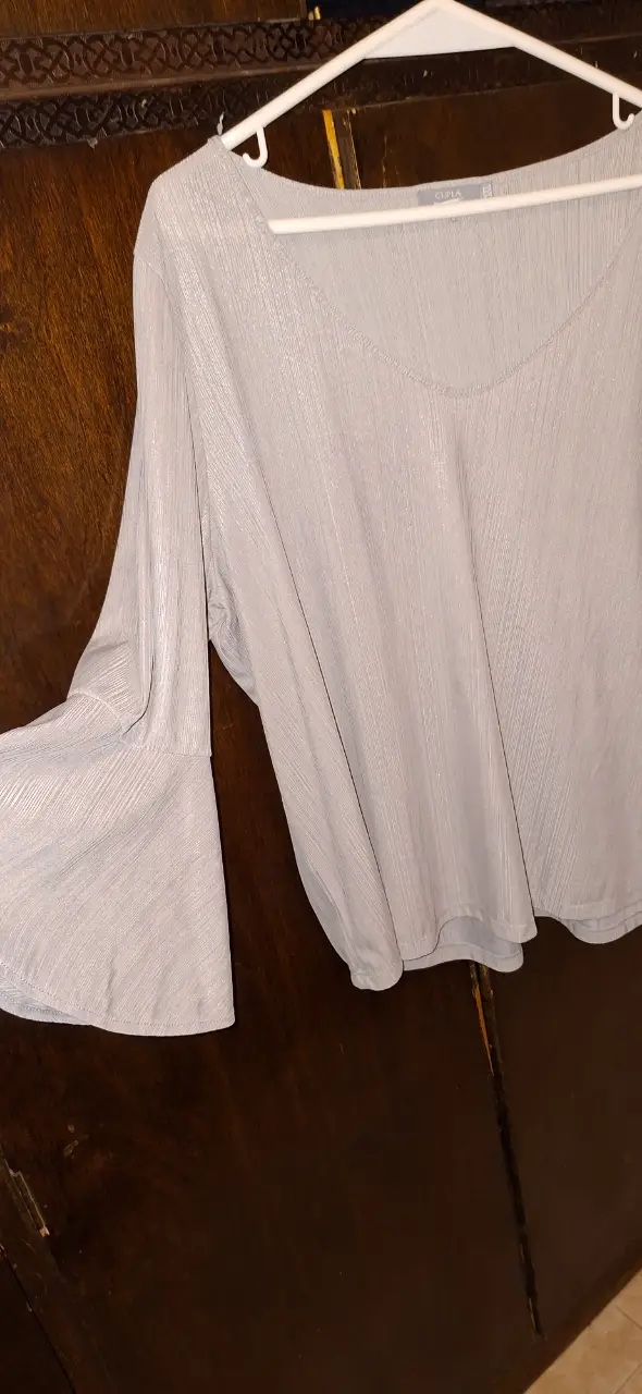Blusa gris con mangas acampanadas, ideal para un look elegante y moderno. Perfecta para combinar con pantalones de vestir o faldas.