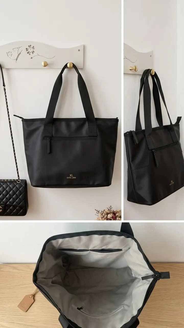 Bolso XL extra large negro con dos asas y cierre superior. Posee un bolsillo exterior con cierre y un bolsillo interior con cierre. 
