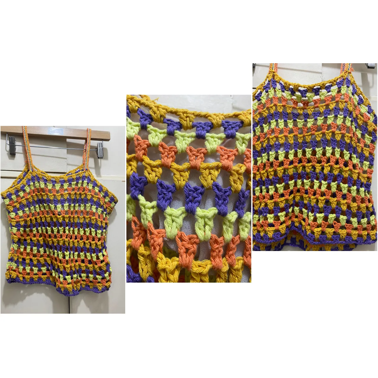 Top tejido a crochet, artesanal, con diseño calado y detalles en varios colores. Ideal para un look bohemio y fresco.