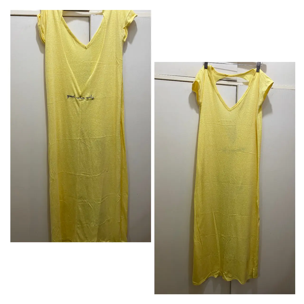 Vestido largo de verano, color amarillo, con escote en V y espalda descubierta. Tiene un detalle de frase "good vibes only" estampada en el frente. Ideal para un look fresco y cómodo.