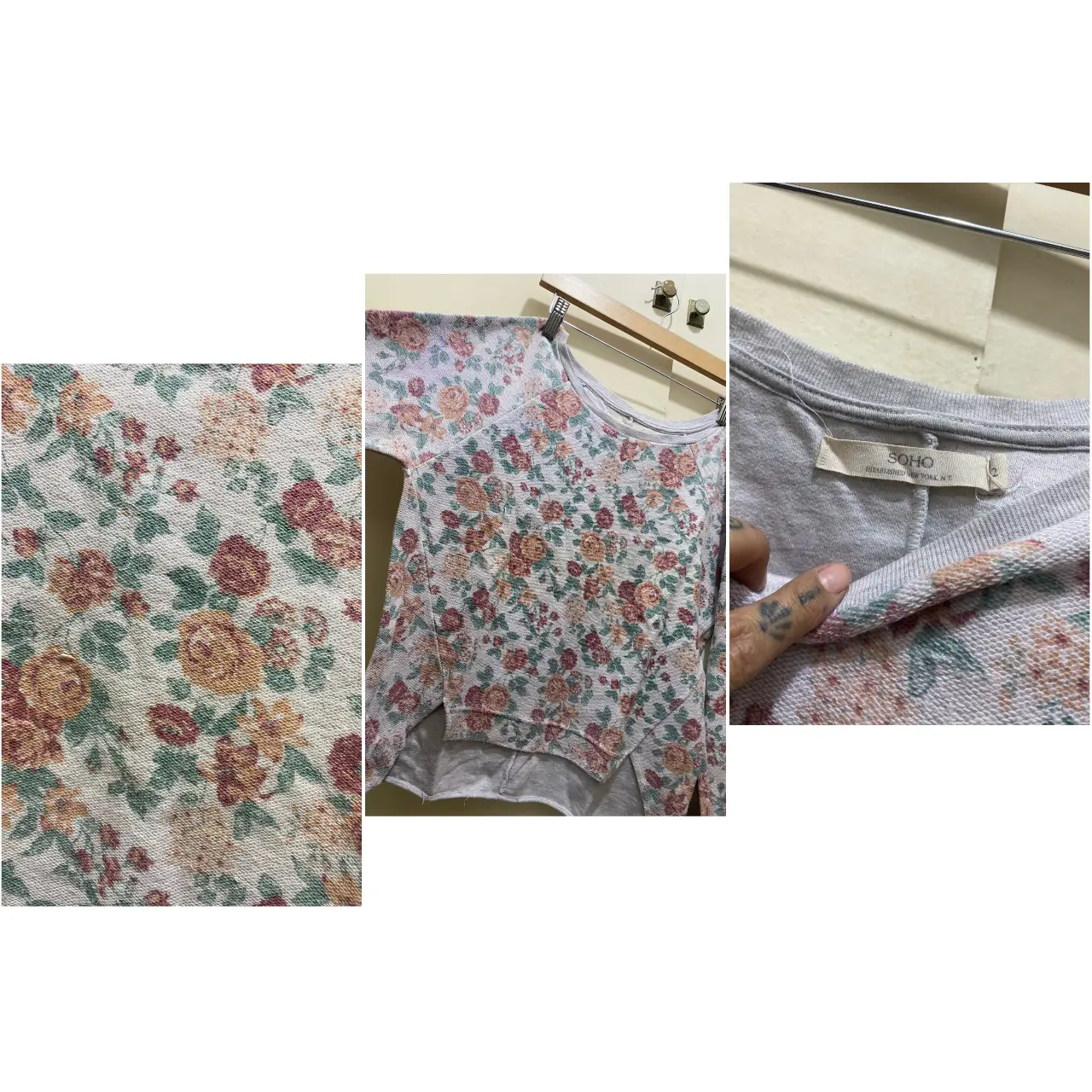 Sweater de mujer con estampado floral en tonos pastel. Cuello redondo y corte asimétrico. Ideal para un look casual y cómodo.