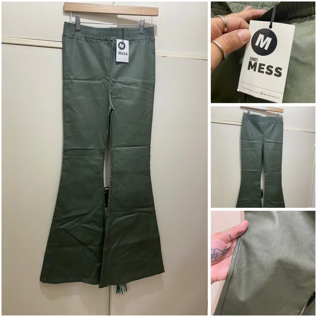 Pantalón de mujer estilo palazzo, color verde oscuro. Confeccionado con un tejido similar al cuero, tiro alto y corte amplio de bota ancha. Ideal para un look moderno y sofisticado.