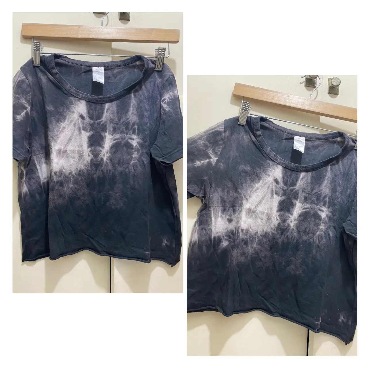 Remera manga corta con diseño tie-dye en tonos negro y blanco. Corte crop, ideal para un look casual y moderno.