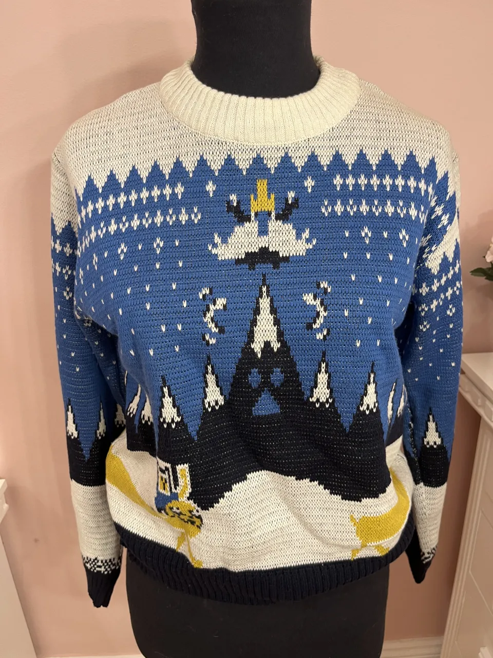 Sweater tejido de Hora de Aventura. Cuello redondo y puños de tejido acanalado. Nuevo sin uso, XS amplio.