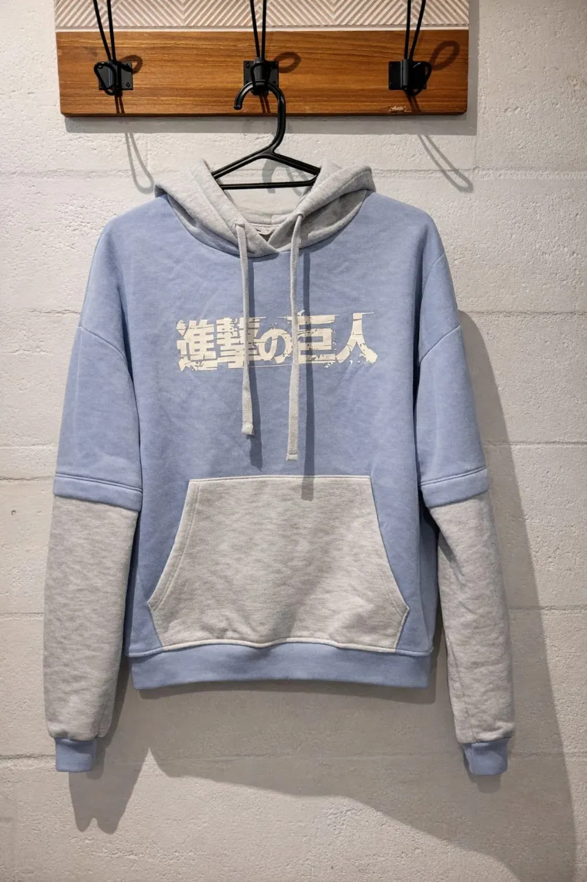 Buzo con capucha de color celeste y mangas grises. Posee estampa en el frente y bolsillo canguro.